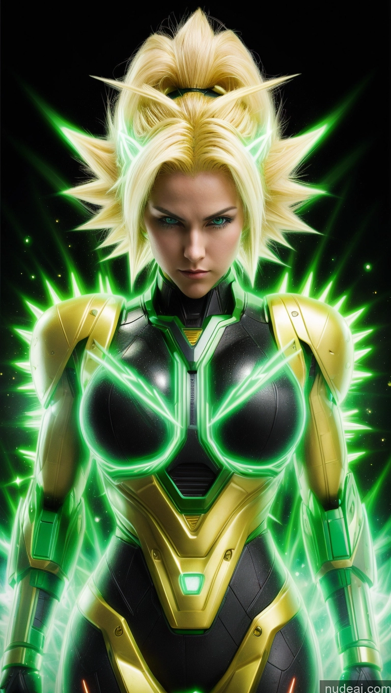 ai nude image of a woman in a green and black suit with glowing eyes pics of Neon Lights Clothes: Green Perfect Boobs Super Saiyan Super Saiyan 3 Green Hair Muscular Abs SSS: A-Mecha Musume A素体机娘 Powering Up Space Dynamic View Heat Vision