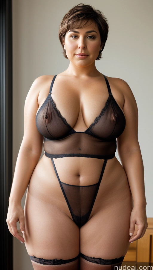 ai nude image of araffe woman in a black lingerie posing for a picture pics of Milf One Busty Perfect Boobs Big Ass Thick Chubby Fat Big Hips Pubic Hair Short Hair 40s Skin Detail (beta) Front View Nude Topless Bright Lighting Detailed Stockings Latina