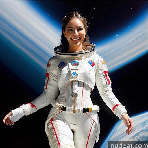 ai nude image of arafed woman in a white space suit is standing in front of a planet pics of One Perfect Body Perfect Boobs Small Tits 30s Front View Space Suit Transparent Spreading Legs Happy Miss Universe Model