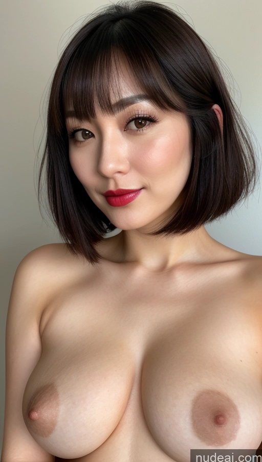 ai nude image of a close up of a woman with a very big breast pics of Woman One Beautiful Lipstick Fairer Skin Close-up View Detailed 30s Japanese Bobcut Black Hair Busty Perfect Boobs