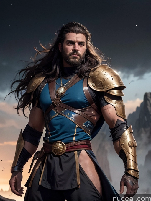 ai nude image of arafed man with long hair and a beard in armor pics of Detailed Dark Lighting Gold Jewelry Knight Traditional Tribal Viking Superhero Sci-fi Armor Jumping Stargazing Brunette Serious Muscular Busty Thick Big Hips Cyborg Messy Dark Skin Black