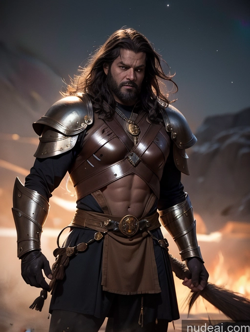 ai nude image of arafed man in armor with a sword and a sword in his hand pics of Detailed Dark Lighting Gold Jewelry Knight Traditional Tribal Viking Superhero Sci-fi Armor Jumping Stargazing Brunette Serious Muscular Busty Thick Big Hips Cyborg Messy Dark Skin Black