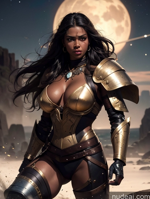 ai nude image of arafed woman in armor posing on a beach with a full moon in the background pics of Detailed Dark Lighting Gold Jewelry Knight Traditional Tribal Viking Superhero Sci-fi Armor Jumping Stargazing Brunette Serious Muscular Busty Thick Big Hips Cyborg Messy Dark Skin Black