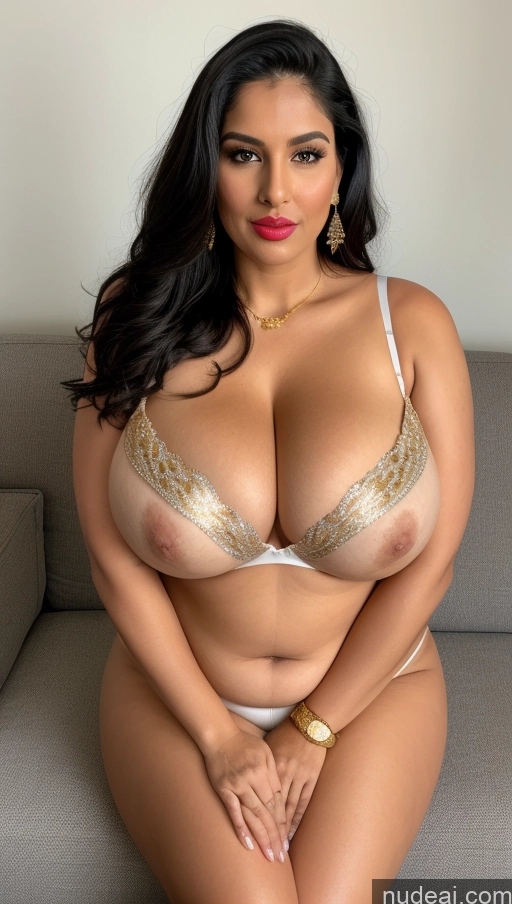 ai nude image of araffe woman in a white bra and gold lingerie sitting on a couch pics of Miss Universe Model Busty Huge Boobs Beautiful Lipstick Big Ass Chubby Fairer Skin 50s Seductive Sexy Face Shocked Black Hair Long Hair White Couch Front View Bra Sari Partially Nude Jewelry Gold Jewelry Bright Lighting Detailed