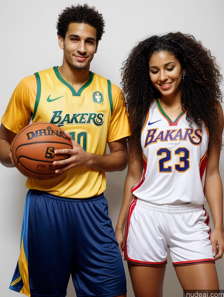 ai nude image of arafed man and woman in basketball uniforms posing for a picture pics of Woman + Man Two Perfect Boobs Glasses Beautiful Big Ass Long Legs Tall Tanned Skin 20s Orgasm Black Hair Curly Hair Brazilian Basketball