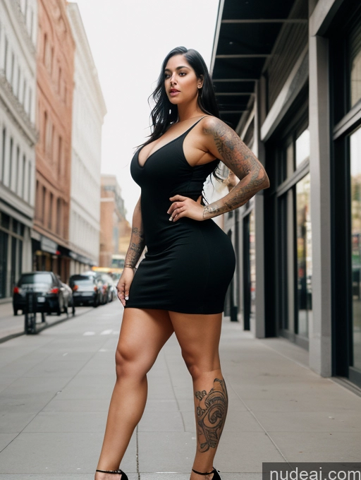 ai nude image of araffe woman in a black dress posing on a city street pics of Huge Boobs Tattoos Big Ass Thick Tall Perfect Body Fairer Skin Black Hair Street High Heels Full Frontal Sundress