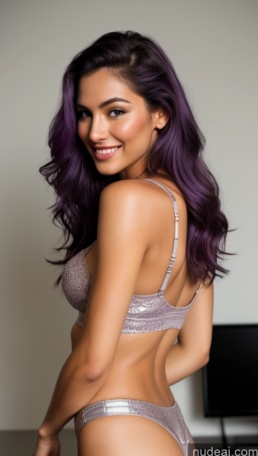 ai nude image of arafed woman in a purple bra top and panties posing for a picture pics of One Beautiful Perfect Body Pubic Hair 20s Purple Hair Dark Lighting Detailed 90s Long Hair Seductive Sexy Face Miss Universe Model Laughing Happy Hungarian Cleavage Skin Detail (beta) Crop Top Gaming Back View