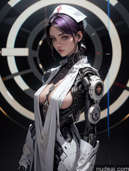 ai nude image of arafed woman in a white uniform with a gun in her hand pics of Cyberpunk Graphics Cyborg Jewelry Hospital Detailed Sci-fi Armor White Legspread Nurse Steampunk Futuristicbot V2 Oiled Body Pubic Hair Huge Tits, Hard Nipples Muscular Abs Thick Purple Hair 18