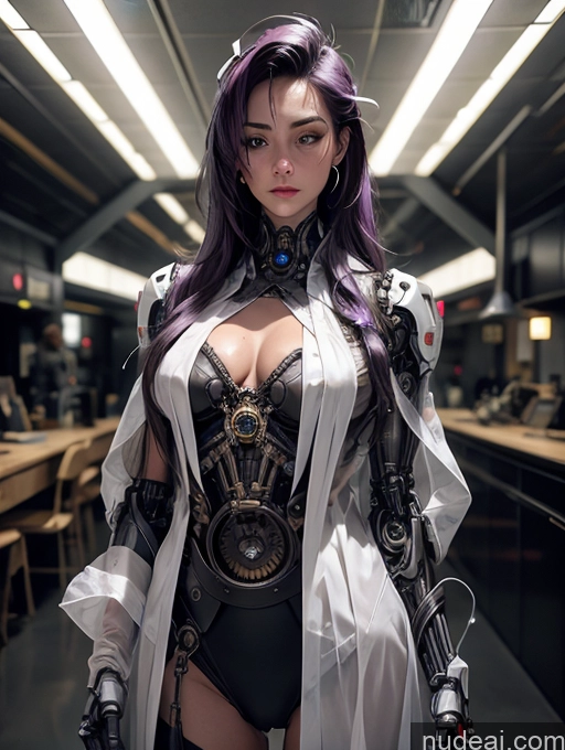 ai nude image of arafed woman in a cosplay outfit posing for a picture pics of Cyberpunk Graphics Cyborg Jewelry Hospital Detailed Sci-fi Armor White Legspread Nurse Steampunk Futuristicbot V2 Oiled Body Pubic Hair Huge Tits, Hard Nipples Muscular Abs Thick Purple Hair 18 Cleavage Transparent