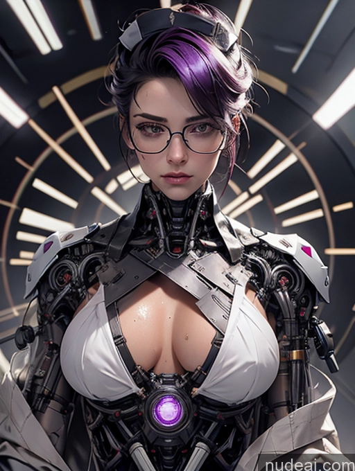 ai nude image of arafed woman in a futuristic suit with glasses and a purple light pics of Cyberpunk Graphics Cyborg Jewelry Detailed Sci-fi Armor White Legspread Nurse Steampunk Futuristicbot V2 Oiled Body Pubic Hair Huge Tits, Hard Nipples Muscular Purple Hair 18 Cleavage Transparent Glasses Perfect Body Tall