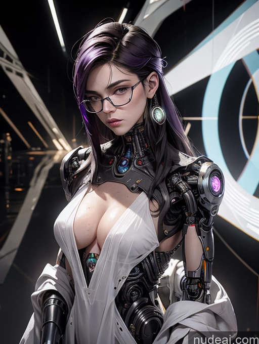 ai nude image of there is a woman with glasses and a futuristic outfit posing pics of Cyberpunk Graphics Cyborg Jewelry Detailed Sci-fi Armor White Legspread Nurse Steampunk Futuristicbot V2 Oiled Body Pubic Hair Huge Tits, Hard Nipples Muscular Purple Hair 18 Cleavage Transparent Glasses Perfect Body Tall