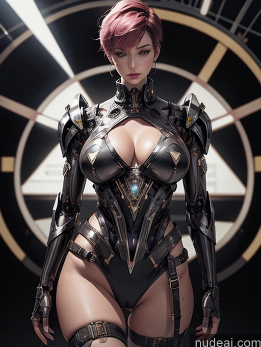 ai nude image of arafed woman in a futuristic suit posing in front of a clock pics of Cyberpunk Graphics Jewelry Detailed Sci-fi Armor White Steampunk Futuristicbot V2 Pubic Hair Cleavage Transparent Latex Spreading Legs Pixie Pink Hair Chubby Dark Skin Big Hips Lingerie Model Huge Tits, Hard Nipples