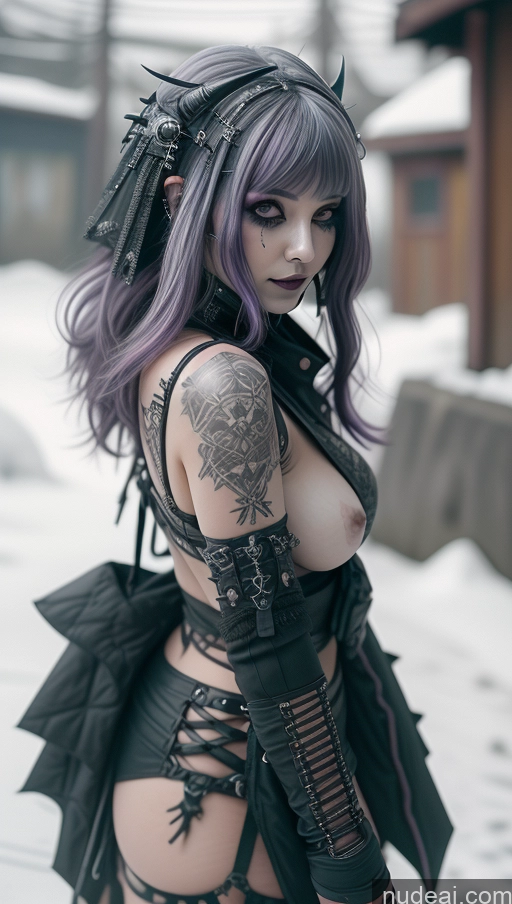 ai nude image of araffe with purple hair and tattoos posing in the snow pics of Milf Chubby Ethiopian Snow Futuristic Busty Goth Close-up View Perfect Boobs Gothic Punk Girl Purple Hair Topless Laughing