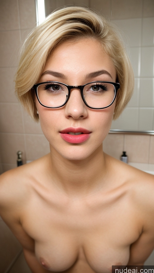 ai nude image of blond woman with glasses and pink lipstick posing in a bathroom pics of Two Woman Perfect Boobs Glasses Lipstick Small Ass Perfect Body 18 Shocked Pouting Lips Laughing Blonde Short Hair White Skin Detail (beta) Bathroom Front View Cumshot Nude Bright Lighting Detailed