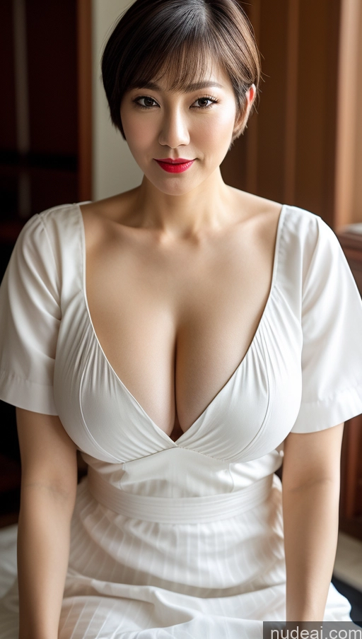 ai nude image of araffed asian woman in a white dress sitting on a bed pics of Woman One Huge Boobs Beautiful Lipstick Fairer Skin 40s Short Hair Korean Close-up View Detailed Traditional Dress