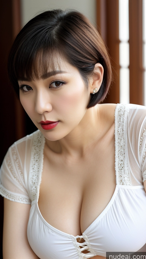 ai nude image of araffed asian woman in white top with red lipstick and short hair pics of Woman One Huge Boobs Beautiful Lipstick Fairer Skin 40s Short Hair Korean Close-up View Detailed Traditional Dress