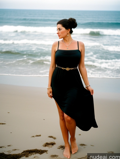 ai nude image of araffe woman in a black dress walking on the beach pics of Woman Busty Skinny Short Shocked Black Hair Hair Bun Vintage Front View Dress Jewelry Dark Lighting Beach Jewish 80s