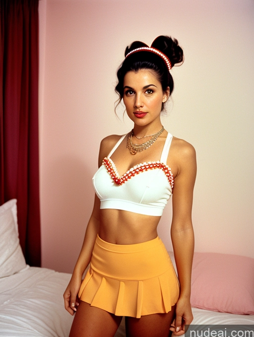 ai nude image of there is a woman in a white top and yellow skirt posing on a bed pics of Woman Busty Skinny Short Shocked Black Hair Hair Bun Vintage Front View Dress Jewelry Dark Lighting Jewish Bedroom 60s 70s Cheerleader Mini Skirt