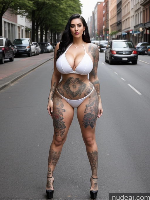 ai nude image of arafed woman in a white bikini posing on a city street pics of Huge Boobs Tattoos Big Ass Thick Tall Perfect Body Fairer Skin Black Hair Street High Heels Cleavage Full Frontal