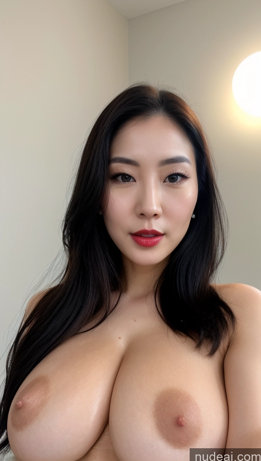 ai nude image of a close up of a woman with a big breast posing for a picture pics of Model One Huge Boobs Beautiful Fairer Skin 30s Slicked Korean Close-up View Detailed Black Hair Lipstick Cumshot