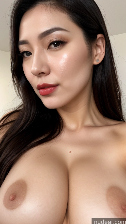 ai nude image of a close up of a woman with a very big breast pics of Model One Huge Boobs Beautiful Fairer Skin 30s Slicked Korean Close-up View Black Hair Lipstick Cumshot Simple Detailed