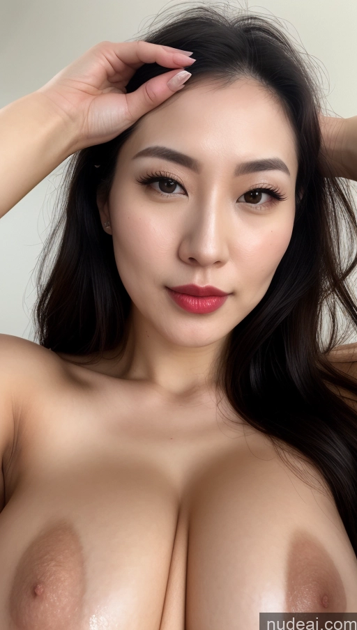 ai nude image of arafed asian woman with big breast posing for a picture pics of Model One Huge Boobs Beautiful Fairer Skin 30s Slicked Korean Close-up View Black Hair Lipstick Cumshot Simple Detailed