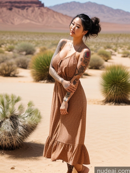 ai nude image of araffe woman in a dress standing in the desert with a desert background pics of Woman Huge Boobs Tattoos Lipstick Big Ass Thick Big Hips Short 20s Serious Black Hair Hair Bun Japanese Desert Sundress