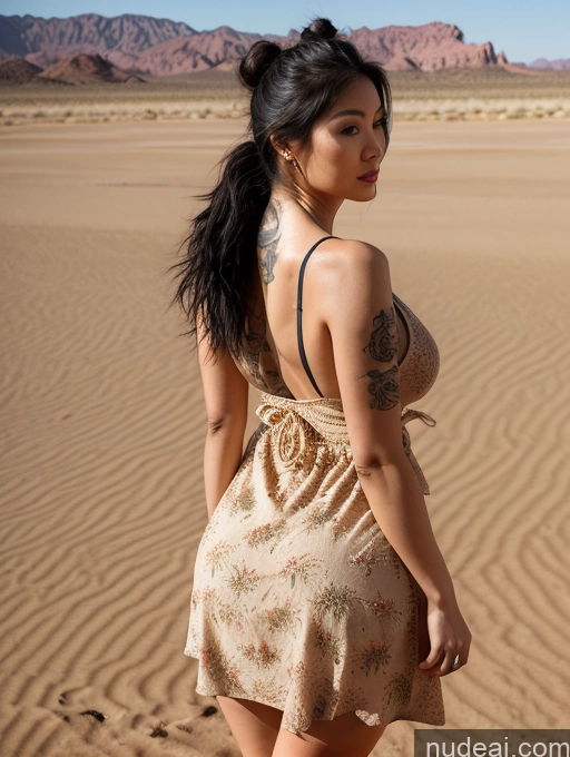 ai nude image of araffe woman in a dress standing in the desert pics of Woman Huge Boobs Tattoos Lipstick Big Ass Thick Big Hips Short 20s Serious Black Hair Hair Bun Japanese Desert Sundress