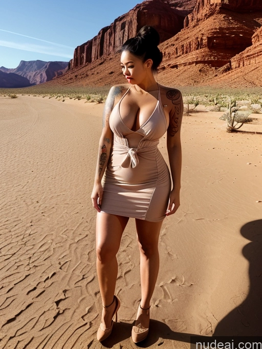 ai nude image of araffe woman in a dress standing in the desert pics of Woman Huge Boobs Tattoos Lipstick Big Ass Thick Big Hips Short 20s Serious Black Hair Hair Bun Japanese Desert Sundress