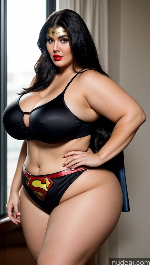 ai nude image of araffe woman in a black bikini and a superman cape pics of Huge Boobs Lipstick Big Ass Abs Chubby Fairer Skin Black Hair Long Hair Indian Superhero