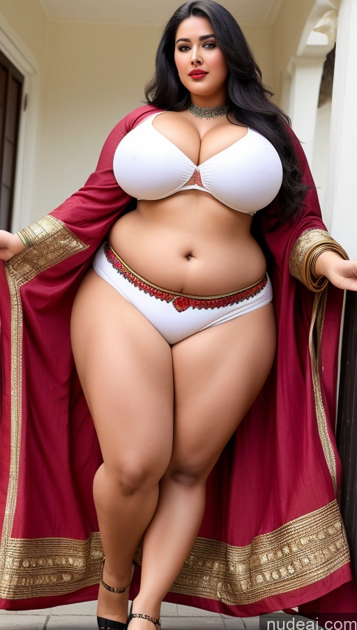 ai nude image of araffe woman in a red and white outfit posing for a picture pics of Lipstick Big Ass Abs Chubby Fairer Skin Black Hair Long Hair Indian Traditional Huge Boobs