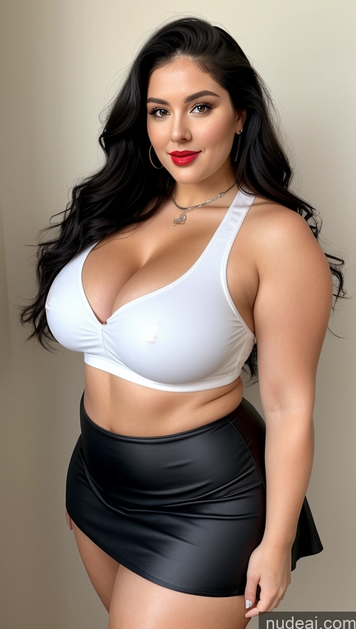 ai nude image of araffe woman in a white top and black skirt posing for a picture pics of Busty Big Ass Abs Chubby Fairer Skin Black Hair Long Hair Lipstick Mini Skirt