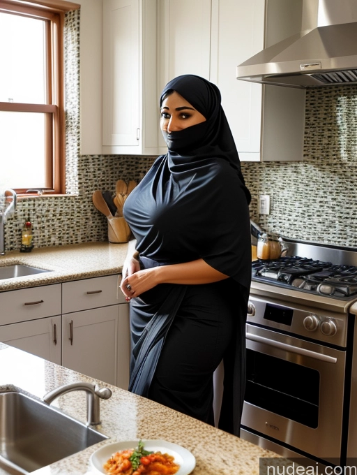 ai nude image of pregnant woman in black hijab standing in kitchen with plate of food pics of Woman Huge Boobs Thick Big Hips 30s Sexy Face Black Hair Long Hair Indian Film Photo Kitchen Cooking Niqab Sari