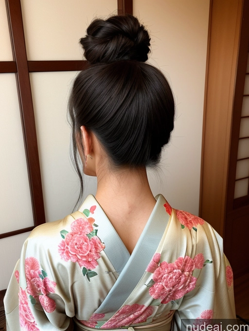 ai nude image of there is a woman in a kimono robe sitting down pics of Beautiful Muscular Abs Big Ass Big Hips Long Legs Perfect Body 18 Short Black Hair Japanese Pubic Hair Kimono Hair Bun Miss Universe Model Perfect Boobs Back View