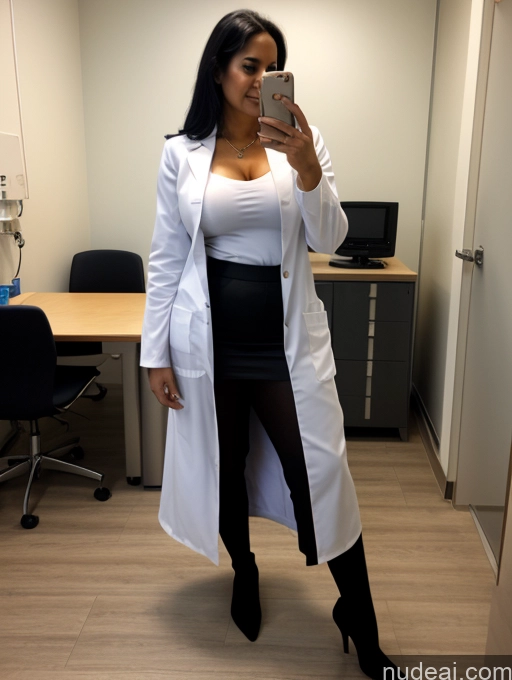 ai nude image of woman in white lab coat taking a selfie in a room pics of Wife Or Girlfriend Perfect Boobs Big Ass Big Hips Pubic Hair Dark Skin 30s Sexy Face Black Hair Long Hair Indian Pantyhose Thick Hospital Blouse Lab Coat Long Skirt