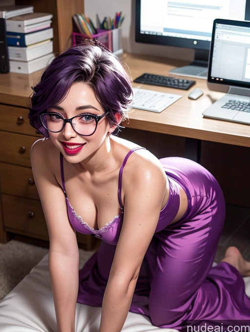 ai nude image of purple haired woman in purple dress and glasses sitting on a bed pics of Czech Perfect Boobs Lipstick Glasses Pixie Panties Sundress Nightgown Simple Satin Laughing Sexy Face Happy Casual Long Skirt Office Big Ass Cleavage 60s Purple Hair Plank