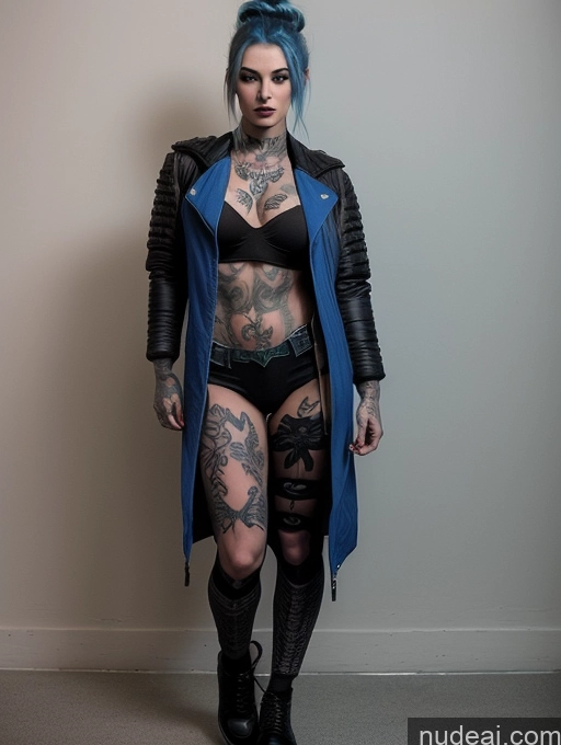 ai nude image of arafed woman with blue hair and tattoos in a black outfit pics of Perfect Boobs Beautiful Tattoos Muscular Perfect Body Fairer Skin Small Tits Russian Hair Bun Goth Jacket Blue Hair Superhero