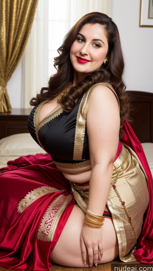 ai nude image of araffe woman in a red and gold sari sitting on a bed pics of Milf Busty Beautiful Lipstick Thick Chubby Big Hips Fat Fairer Skin 20s Happy Seductive Brunette Long Hair Russian Party Front View Straddling Sari Blouse Dirndl Victorian Cleavage Gold Jewelry