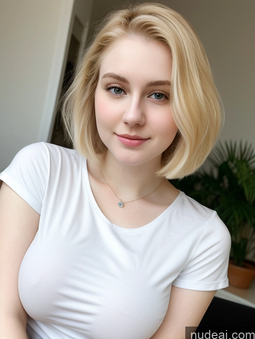 ai nude image of blond woman with blue eyes and a white shirt posing for a picture pics of Busty Perfect Boobs Beautiful Fairer Skin Thick 18 Blonde Bobcut Russian Close-up View Shirt