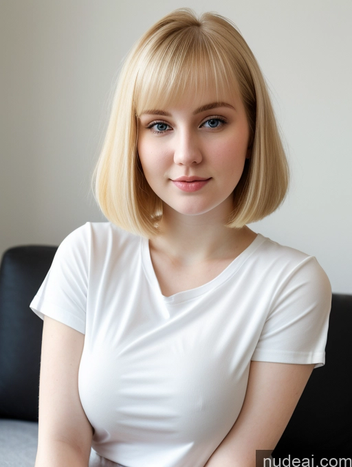 ai nude image of blond woman with blue eyes sitting on a couch with a white shirt pics of Busty Perfect Boobs Beautiful Fairer Skin Thick 18 Blonde Bobcut Russian Close-up View Shirt