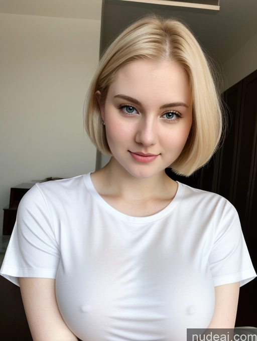 ai nude image of blond woman with blue eyes and a white shirt posing for a picture pics of Busty Perfect Boobs Beautiful Fairer Skin Thick 18 Blonde Bobcut Russian Close-up View Shirt