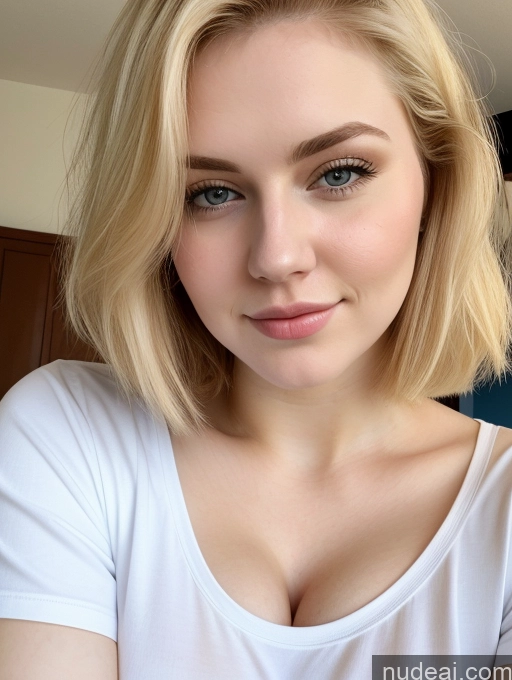 ai nude image of blond woman with blue eyes and a white shirt posing for a picture pics of Busty Perfect Boobs Beautiful Thick Fairer Skin 18 Blonde Bobcut Russian Close-up View Shirt