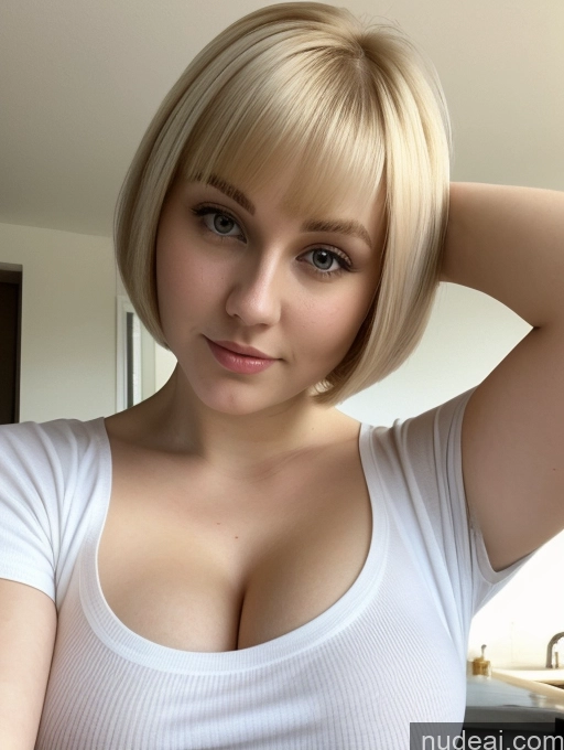 ai nude image of blond woman with a white shirt posing for a picture in a kitchen pics of Busty Perfect Boobs Beautiful Thick Fairer Skin 18 Blonde Russian Close-up View Shirt Short Hair