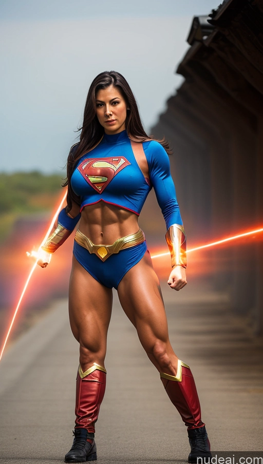 ai nude image of arafed woman in a superman costume posing with a sword pics of Muscular Abs Perfect Boobs Powering Up Superhero Military Superheroine Several