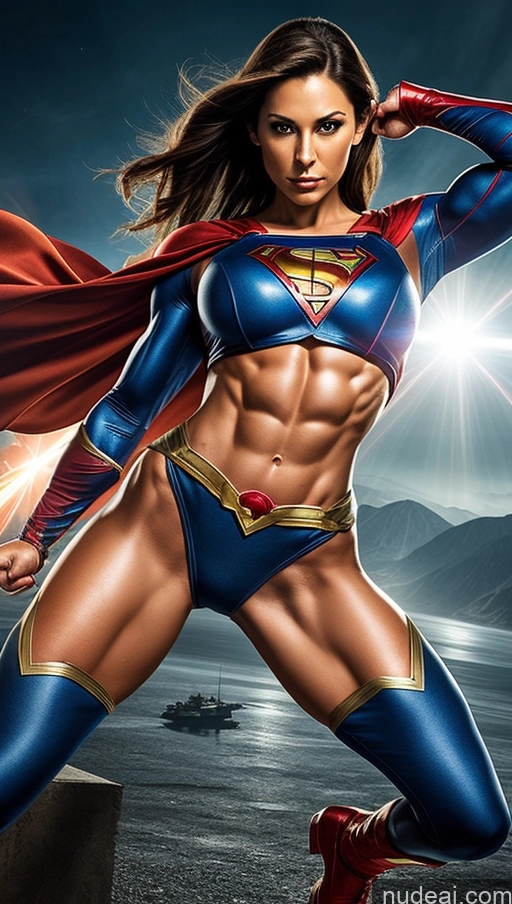 ai nude image of a woman in a superman costume posing for a picture pics of Muscular Abs Perfect Boobs Powering Up Superhero Military Superheroine Several