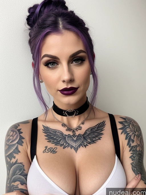 ai nude image of a close up of a woman with tattoos on her chest pics of Perfect Boobs Muscular Abs Perfect Body Tattoos Lipstick Beautiful 18 Hair Bun Greek Choker Busty Fairer Skin Purple Hair Goth