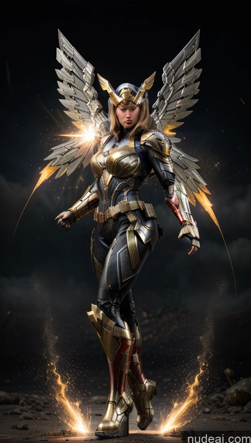 ai nude image of arafed image of a woman in a golden armor with wings pics of Muscular Abs Perfect Boobs Powering Up Superhero Military Superheroine Several Dynamic View Heat Vision SSS: A-Mecha Musume A素体机娘 Has Wings Battlefield