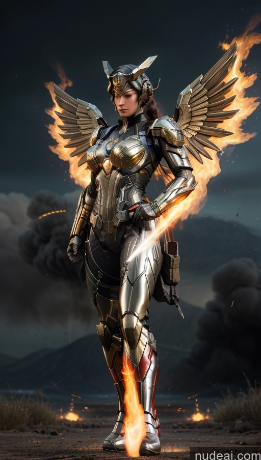 ai nude image of arafed woman in armor with fire and flames in the air pics of Muscular Abs Perfect Boobs Powering Up Superhero Military Superheroine Several Dynamic View Heat Vision SSS: A-Mecha Musume A素体机娘 Has Wings Battlefield