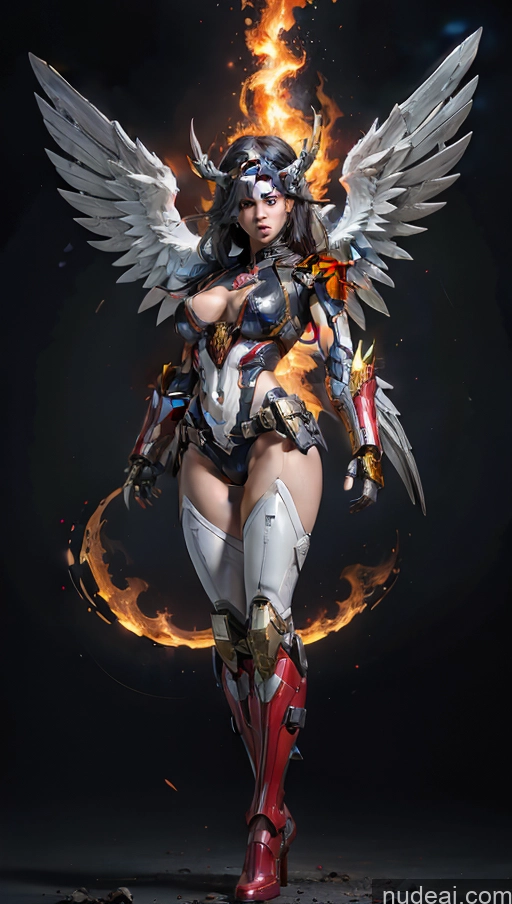 ai nude image of arafed woman in a costume with wings and armor pics of Muscular Abs Perfect Boobs Powering Up Superhero Military Superheroine Several Dynamic View Heat Vision SSS: A-Mecha Musume A素体机娘 Has Wings Battlefield