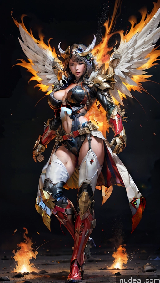 ai nude image of arafed woman in armor with fire and flames in her hands pics of Muscular Abs Perfect Boobs Powering Up Superhero Military Superheroine Several Dynamic View Heat Vision SSS: A-Mecha Musume A素体机娘 Has Wings Battlefield